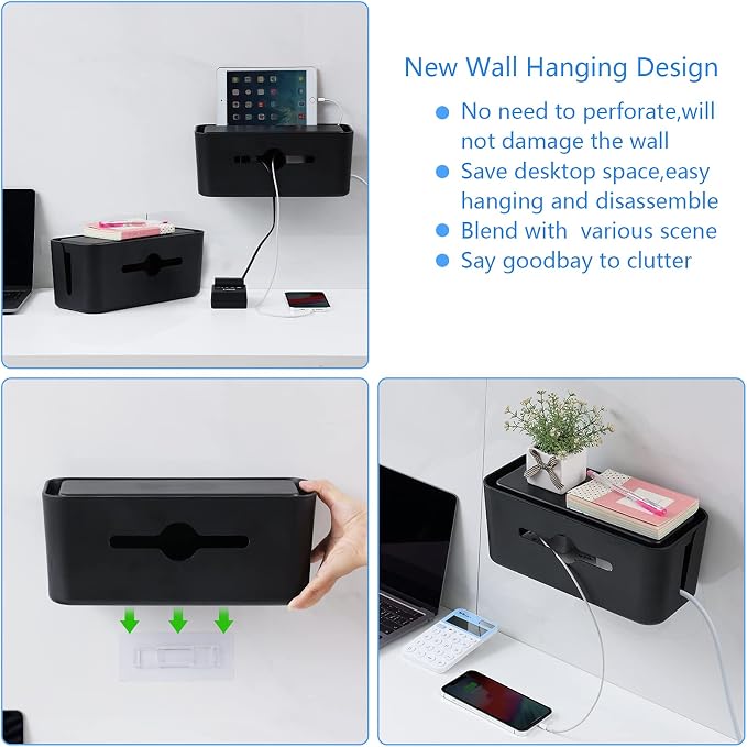 Cable Management Box,Cord Organizer Box for Desk Floor Cable Hide,Cable Box Organizer to Cover The Power Strip Cord Wires for Home Office,Black