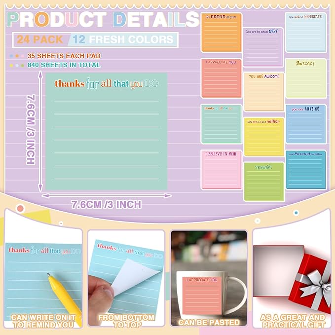 Yinder 12 Pcs Inspirational Sticky Notes Thank You Gift Motivational Sticky Note Pad Employee Appreciation Gift Bulk for Staff Coworker Teacher Nurse Office Groups 3 x 3'' (Appreciation,Light)