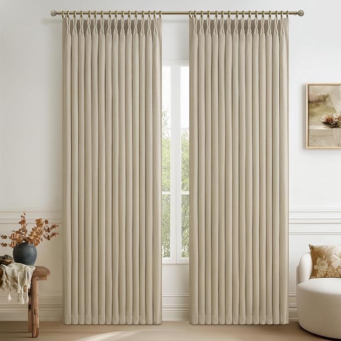 Memory Trained Pinch Pleated 86 Inch Blackout Patio Sliding Glass Door Curtains, Linen Blend Dual Layer Textured Sound Proof Insulated Natural Window Curtain with Hook 40W x 86L 2 Panels Set