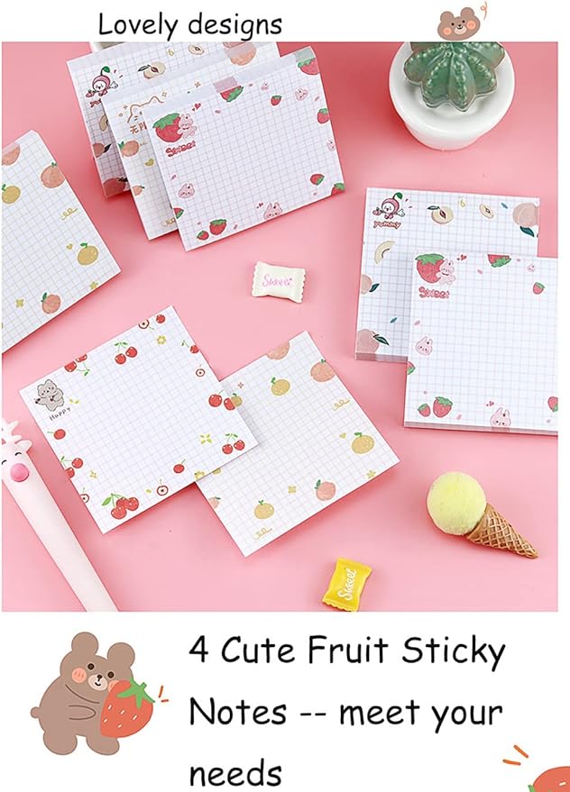 4 Pack Cute Sticky Notes Kawaii Sticky Notes Memo Pad 3.1x3.1 Inches Self-Stick Note Pads Colorful Fruit Sticky Note Pads for Girls DIY Office Home School (320 Sheets), 4 Pads 80 Sheets/Pad