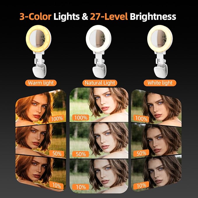 Portable Ring Light for Phone with Mirror, Foldable Clip-On Selfie Light for iPhone, Webcam, Vlog, TikTok, 3 Colors & 9 Brightness, Rechargeable LED Light for Video Recording and Makeup