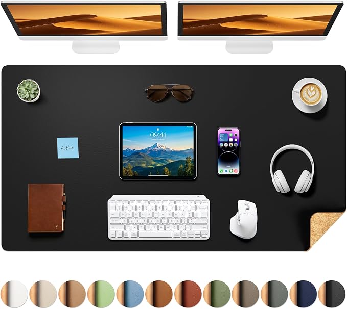 Aothia Cork Desk Mat - Dual-Sided XL PU Leather Desk Pad & Full Desk Protector, Large Waterproof Desktop Mat for Office & Gaming (47" x 23.6", Black)