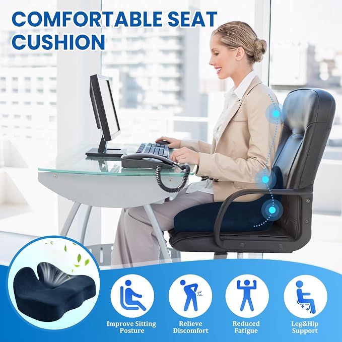 CushZone Seat Cushion, Memory Foam Office Chair Seat Cushion for Office Chairs/Car/Long Trip/Desk Chair/Gaming, Extra Large Size for Sciatica & Hip & Tailbone Pain Relief, Sciatica Support (Blue)