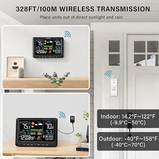 BluSon Weather Station Wireless Indoor Outdoor Thermometer, Atomic Clock | Color Display Digital Temperature Humidity Monitor with Weather Forecast, Adjustable Backlight, Barometer for Home, Black