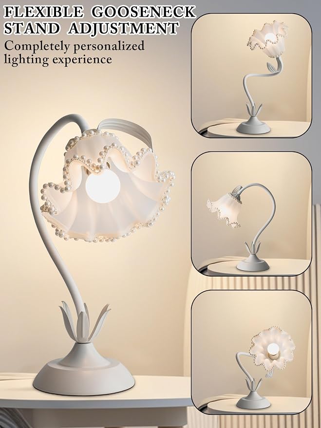 AQDZCNF Flower Table Lamp,LED Reading Light Bedside Vintage Flower Night Light,3 Colors Modes Kawaii Bedside Lamps Decor,Living Room Bedroom Room Lighting Table Lamps Home Decoration (White Pearls)