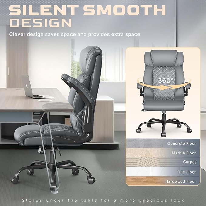 Office Chair-Executive High Back Breathable Big and Tall Office Chair Flip-up Armrests Lumbar Support-Ergonomic Leather Rolling Swivel Chair with Rock Function for Working Studying Gaming,Gray