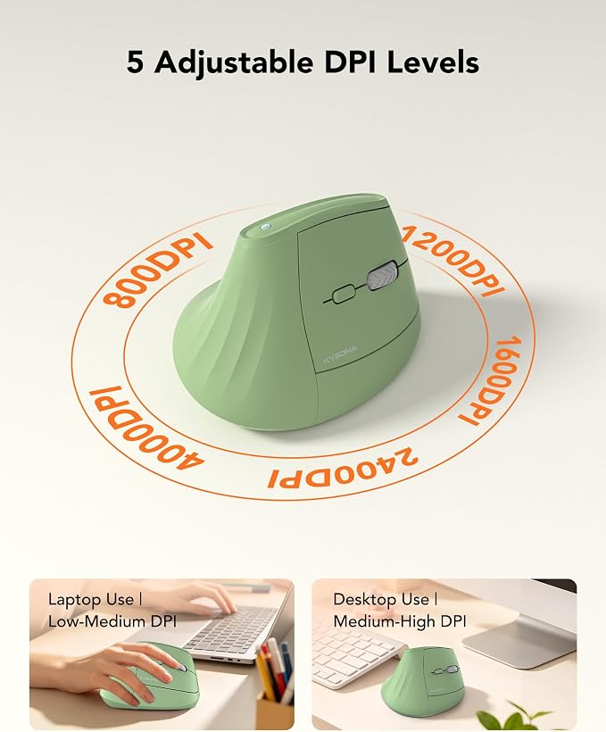 KYSONA Ergonomic Mouse Wireless, Bluetooth Vertical Mouse, 5-Level Adjustable DPI, 2.4G Silent Switch Mice for Windows, MacOS, IPadOS, Laptop, PC, Olive Green