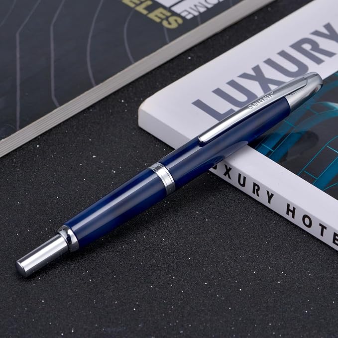 Jinhao 10 Press Fountain Pen with Box, Glacier Blue Retractable Fine Nib with Ink Converter Set (Silver Clip)