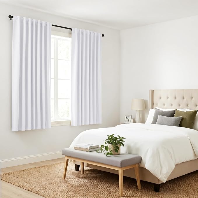 PONY DANCE 60% Light Blocking Curtains 48 inch Long for Short Small Window, Rod Pocket and Back Tab Thermal Insulated Room Darkening Curtains for Kitchen/Cabinet(2 Panels, W42 x L48 inch, Pure White)