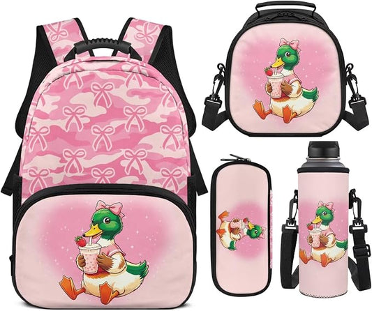 Duck Hunter Girls School Backpack Set 4 PCS, 17 Inch Pink Bow Camo Bookbag with Insulated Lunch Bag for Kids Ages 6-8 Elementary Back to School Supplies