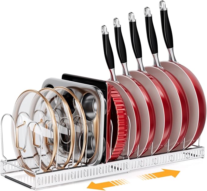 MUDEELA Expandable Pot Pan Lid Organizers inside Cabinet, 12 Divider-Silver | Expandable 11.8–22.9", 12 Adjustable Divider, Tool-Free Assembly, Non-Slip, Scratch-Proof, For Pan Lid Cutting Board Bakeware
