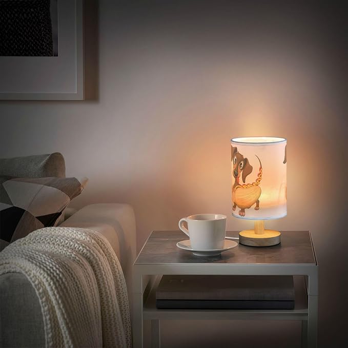 Table Lamp Dachshund Hot Dog Nightstand Lamp with Wood Base Fabric Lamp Shade Bedside Desk Lamp for Living Room Bedroom Kids Room Office