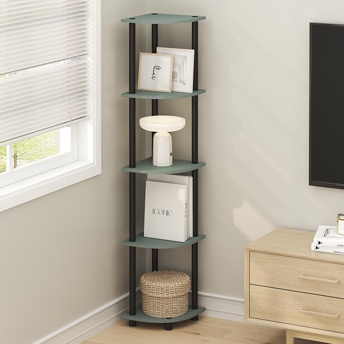 Furinno Turn-N-Tube Corner Shelf, 5-Tier Corner Bookshelf, Open Storage Shelves, for Organization and Storage, Living Room, Home Office, Garage, Bedroom, Sage Green