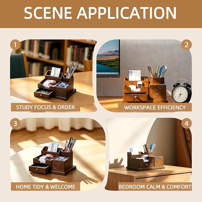 Bamboo Desk Organizer with Drawer, Wood Pen Holder & Card Slot, Brown | Desktop Storage Caddy, Office & Home | Natural Solid Bamboo, No Assembly, Non-Slip Base | Multi-Compartment, Ready to Use