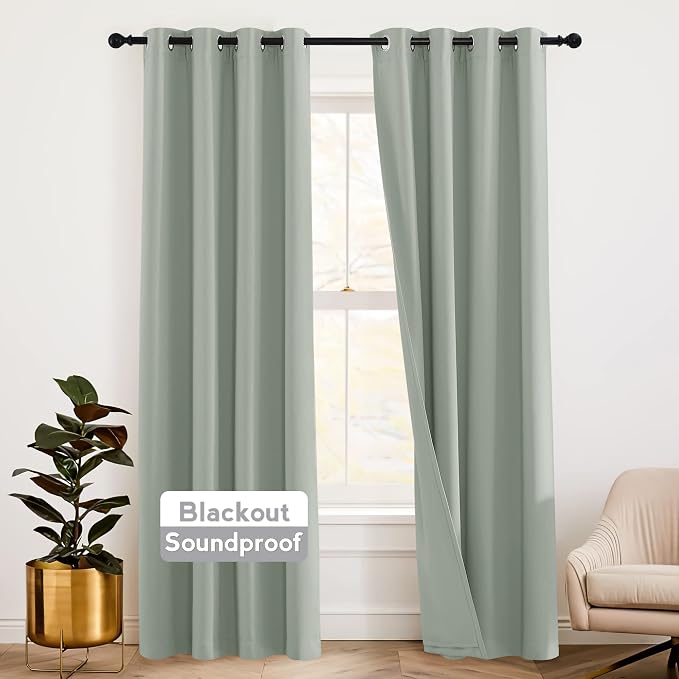 RYB HOME Noise Cancelling Curtains - 3 Layers Blackout Curtains Privacy Window Treatment Thermal Insulated Room Divider Drapes for Studio Bedroom Laundry Room, 52 x 102 inches, Sage Green, 2 Pcs