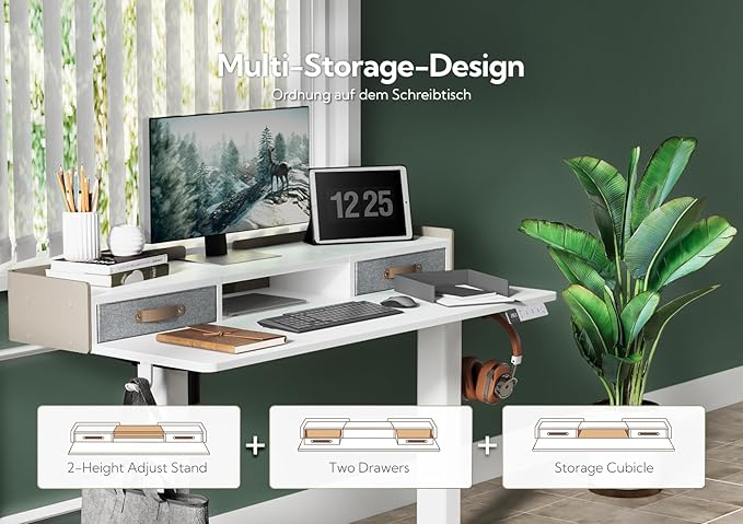 Claiks Standing Desk with Drawers & Wheels, 2 Height Shelf 48inch White | 2 height adjust shelf, tabletop drawers, felt fence design, sturdy supports 176 lbs, 4 wheels, 2 tire monitor stand
