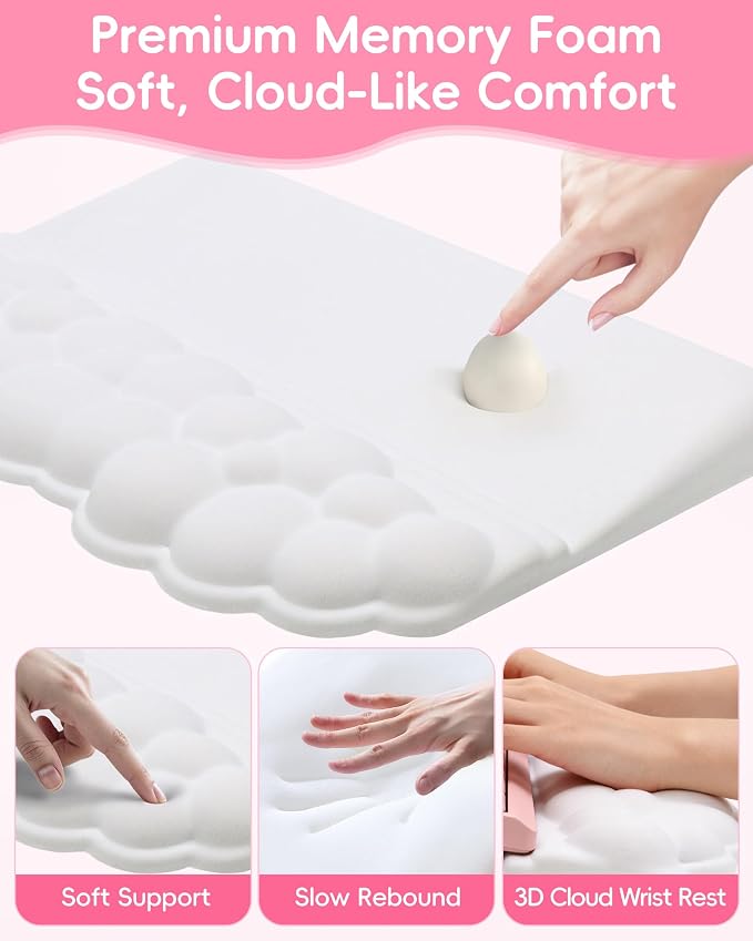 Cloud Wrist Rest Set for Keyboard and Mouse, Cute Memory Foam Wrist Support & 2-in-1 Adjustable Keyboard Stand, Silky Lycra Surface, Two Typing Angles, Non-Slip Base (White)