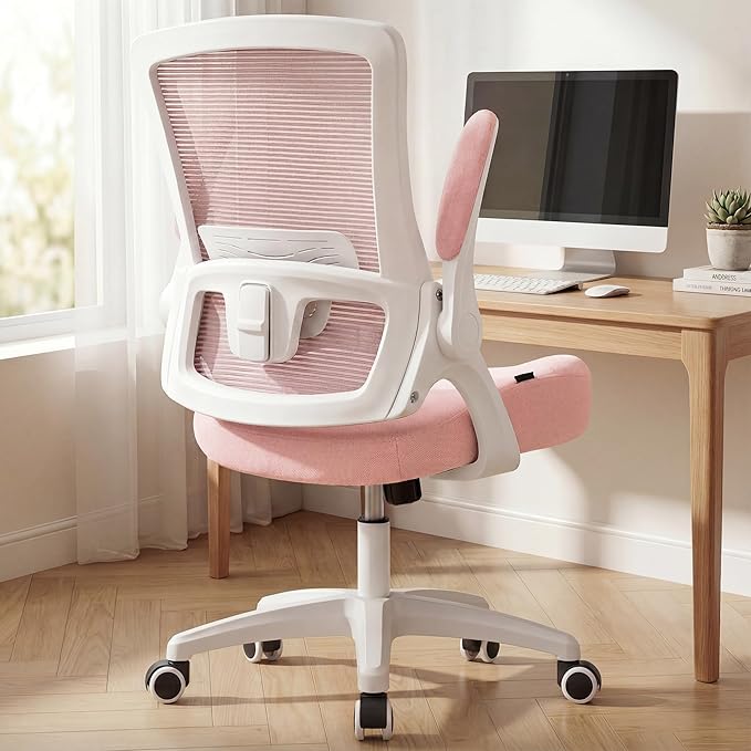 NEO CHAIR Office Desk Gaming Chair Computer High Back Mesh Seat with Rolling Wheels Ergonomic Adjustable Comfy Flip-up Armrests Lumbar Support Height for Home (Pink)