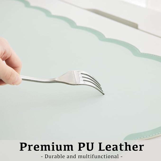 Scalloped Desk Mat, 23.6" x 11.8" Cute Small Aesthetic Desk Accessories, PU Leather Computer Laptop Desk Mouse Keyboard Pad, Desk Writing Mat for Vanity/Work/Home Decor Sage Green
