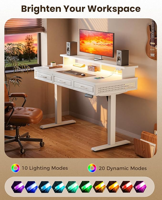 OffiGo 48 Inch Electric Standing Desk, White, 3 Wood Drawers, Monitor Stand | 3 Outlets & 2 USB Ports, 20 LED Modes, 3 Memory Heights, 29.9"-46.1" in Range, Cable Management Tray, 154 lb Capacity