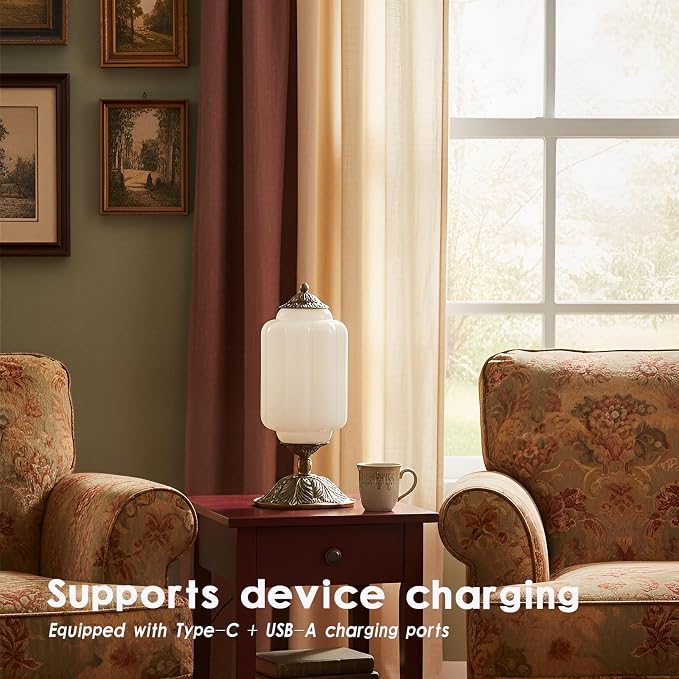Vintage Touch Bedside Table Lamp, Elegant Green Glass Bedside Desk Lamp 3 Way Dimmable with USB C+A Charging Ports - Bedroom Nightstand & Living Room Essential (Vintage White, 6.5)