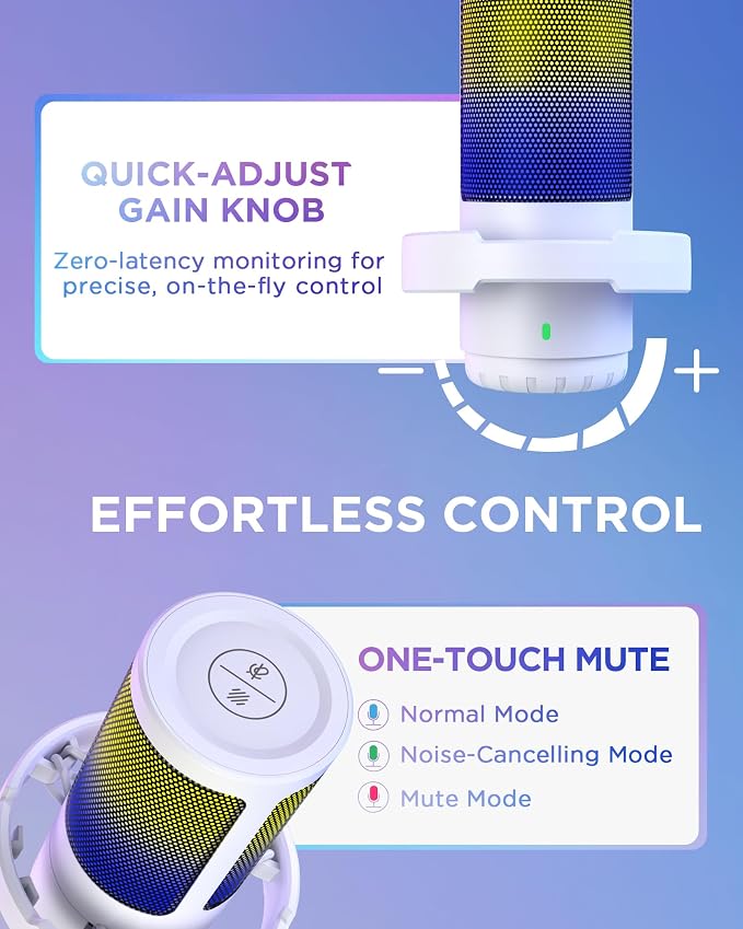 InnoGear Gaming USB Microphone, Noise Cancellation Condenser Mic with Mute, Gain, RGB Indicator, Boom Arm Stand for Streaming, Podcast, Twitch, YouTube, Discord, PC, Computer, PS4, PS5, Mac, White