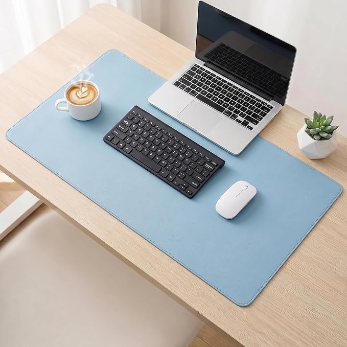 Leather Desk Pad Protector, 11x35 in Waterproof Mouse Pad, PU Desk Mat, Office Desk Cover, Desk Writing Mat for Office/Home/Work/Cubicle (Blue)