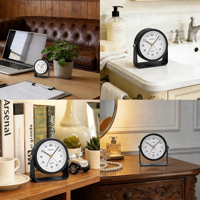Lamisola 3.5 Inch Small Desk Battery Clock, Black Alarm Clock for Bedroom | Travel Clock for Bathroom Table Shelf Bedside, Cute Metal Vintage Silent Night Light Snooze for Kids Seniors