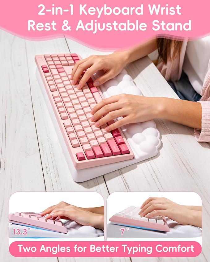 Cloud Wrist Rest Set for Keyboard and Mouse, Cute Memory Foam Wrist Support & 2-in-1 Adjustable Keyboard Stand, Silky Lycra Surface, Two Typing Angles, Non-Slip Base (White)
