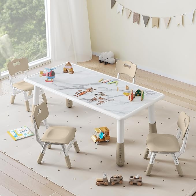 DOREROOM Toddler Table and 4 Chairs Set, Marble Top, No-Screw Legs, Natural | Graffiti Desktop, 47.2"L x 23.6"W, Frameless, Kids Ages 3-8, FSC-certified, Children Activity for Daycare, Classroom, Home