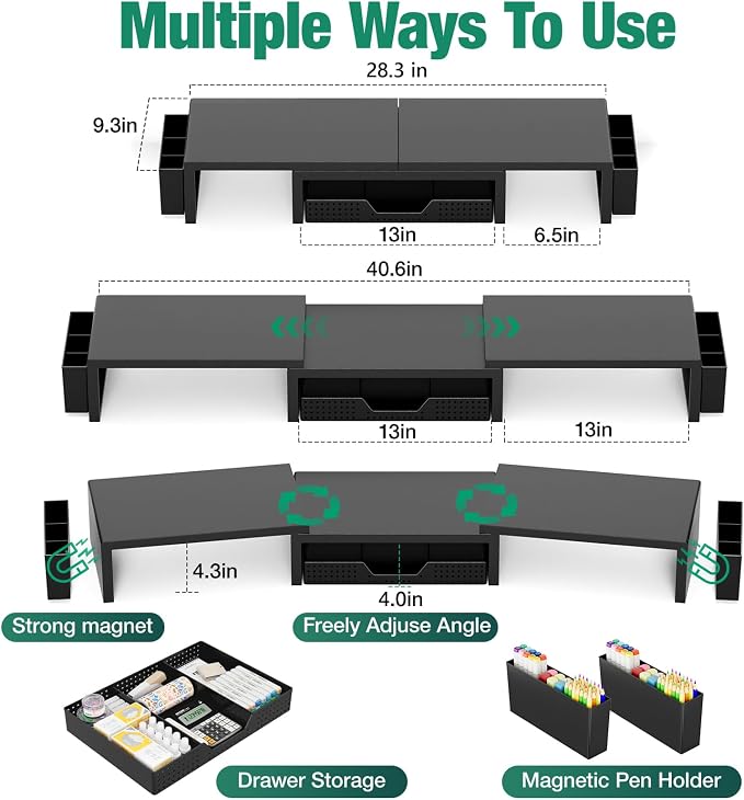 OPNICE Dual Monitor Stand Riser with Drawer and 2 Pen Holders, Desk Organizer for Office Supplies, Computer Monitor Stand for Desk, Workspace Desk Accessories for Home Office, Black