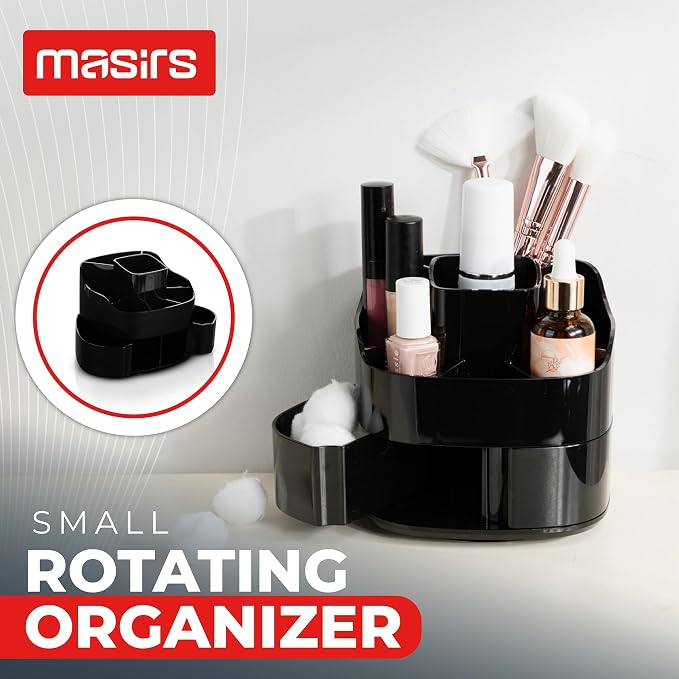 Masirs Small 360 Rotating Makeup Organizer, 5 Compartments, Square Black | Small 360 Rotating Makeup Organizer, 5 Compartments, Acrylic Mini Lazy Susan, Vanity Bathroom Counter, Square Black
