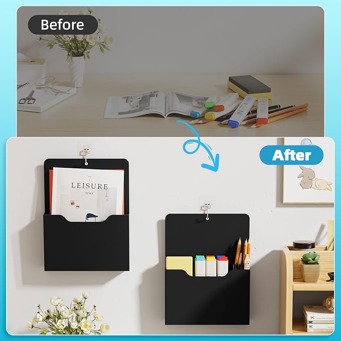 Magnetic File Holder - Magnetic Paper Holder, Pocket Organizer Office Supplies Storage Mail Organizer for Notebooks,Planners,Letter (Black)
