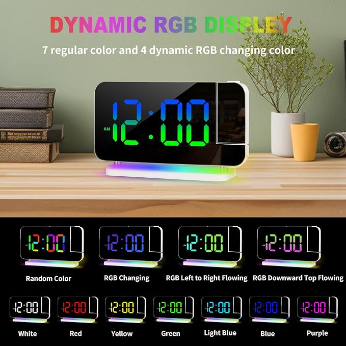 Projection Alarm Clock for Bedroom Ceiling,RGB Digital Clocks with 10 | Colors RGB Night Light,Loud Alarm Clock for Heavy Sleepers,USB C Charger Port,Snooze,12/24H,Auto Dimming