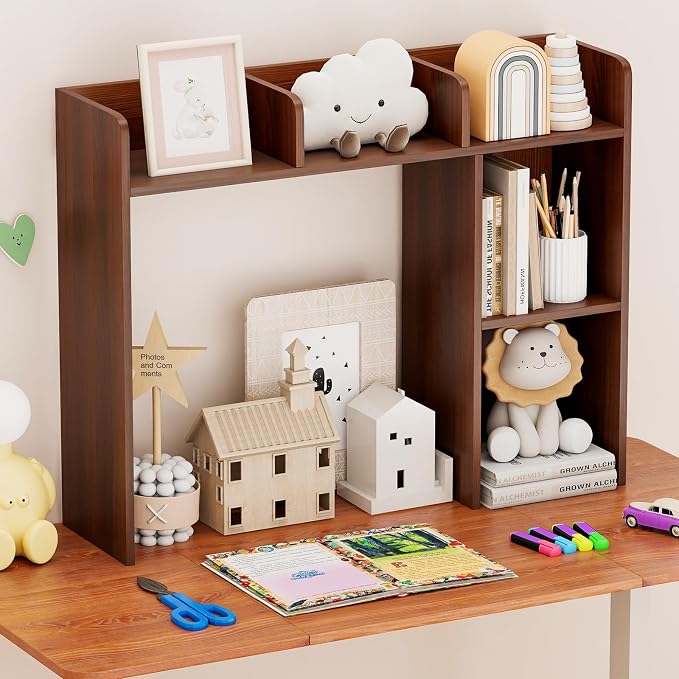 Tangkula Desktop Bookshelf, Countertop Storage Hutch with Shelves for Computer Desk, Desk 3-Tier Display Rack, Multipurpose Wood Desktop Hutch Storage Organizer for Dorm Office (Walnut)