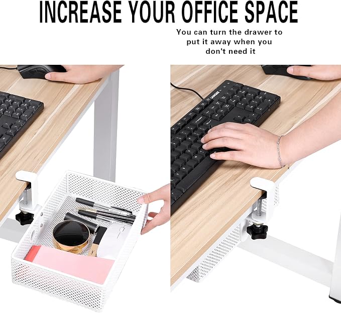 Under Desk Drawer, Clamp on Desk Organizer Hanging Desk Storage Under Table | Under desk organizer: clamp on desk drawer, 360° rotating desk basket, hanging desk organizer, clamp on desk shelf, no-drill