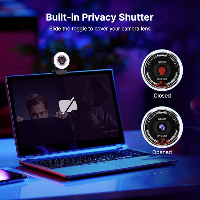 NexiGo 4K Streaming Webcam Kit, N680E Pro UHD Webcam w/Ring Light, PDAF Autofocus, 1080p 60FPS, Dual Noise-Canceling Mics, Privacy Shutter, Lightweight Mini Tripod, for Zoom/Teams/Twitch/Google Meet