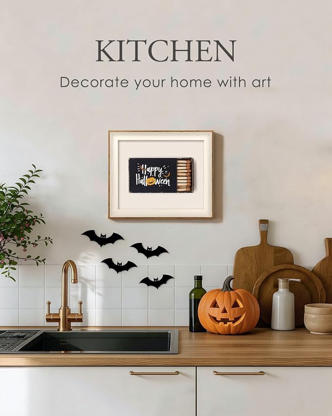 VIYYIEA Framed Wall Art for Living Room, Happy Halloween Matchbox Pumpkin Bats Canvas Painting, Spooky Gothic Aesthetic Creepy Seasonal Home Decor for Bedroom Bathroom, 10×12inch
