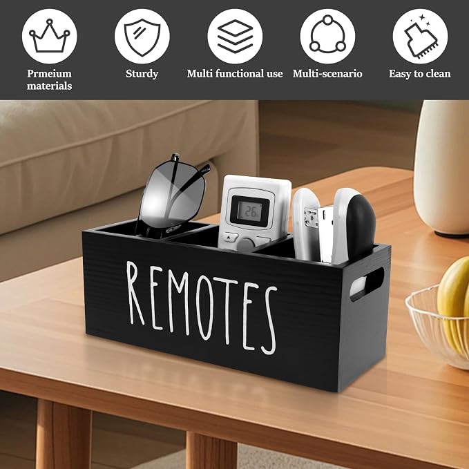 Remote Control Holder, Wooden TV Remote Holder for Table, 3-Compartments Bedside TV Controller Caddy, Wood Remote Organizer Box, Multi-functional Media Organizer Tray for Home Bedroom Nightstand