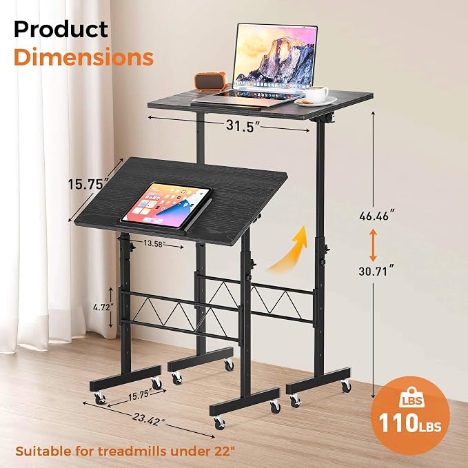 COMHOMA Standing Desk Adjustable Height & Tiltable Tabletop, Portable Stand Up Desk for Laptop, Mobile Folding Desk for Home Office Work and Walking Pad Treadmill, Height 30.7"-46.4", Black