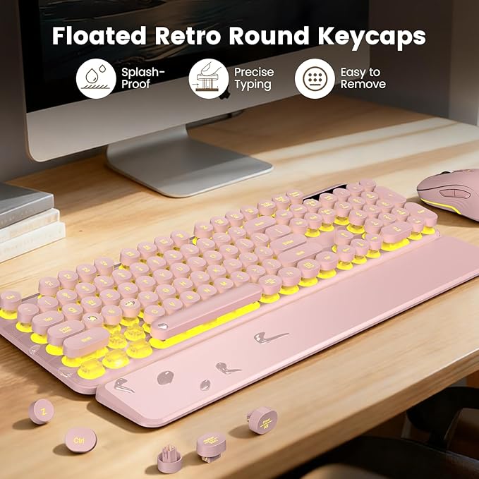 Wireless Keyboard and Mouse Combo, Round Backlit Keycaps, Retro Typewriter Keyboard with Detachable Wrist Rest, Rechargeable & Tilt Legs, 2.4GHz Cordless Connection for Windows/PC (Glowing Pink)