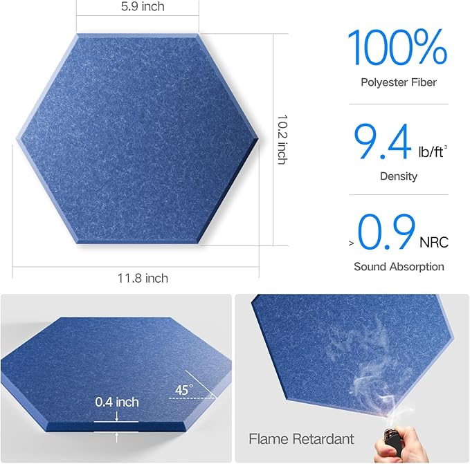 12 Pack Self-Adhesive Acoustic Panels 12" X 10" X 0.4" - Sound Proof Foam Panels with High Density, Stylish Hexagonal Design, Flame Resistant, Absorb Noise and Eliminate Echoes(Sky Blue)