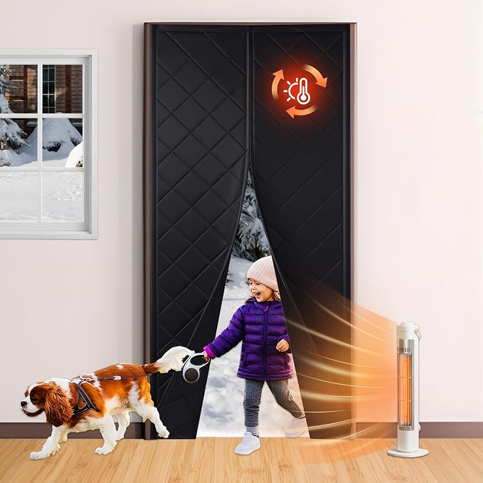 RYB HOME Magnetic Thermal Insulated Door Curtain for Winter Made of Thicken Cotton, Energy Saving Insulation Sreen Door Draft Stopper Cover Blanket for Living Room Doorway, W36xL80, Black, 1 Panel