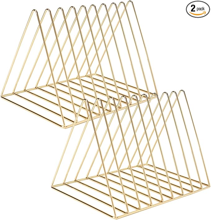 Sooyee 2 Pack 9 Slot Gold Magazine Holder, Desktop File Sorter Organizer Triangle Bookshelf Decor for Home Office, Iron Wire