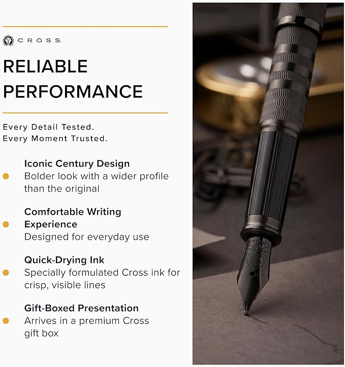 Cross Century II Midnight Black Fine Nib Fountain Pen - Professional Pen for Everyday Use - Smooth Writing - Comfortable Grip - Black Ink - Durable Construction - Includes Gift Box