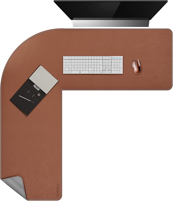 Chihein L-Shaped PU Leather Desk Pad (45.3” + 57.1”) x 15.7”(Brown/Gray), Reversible Corner Desk Mat, Computer Office Mouse pad Writing Table Pad for Home Office