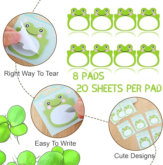Frog Sticky Notes Kawaii Frogs Sticky Notes Sets, Aesthetic Cute Small Frog Sticky Notes Mini Animal Self-Stick Notes Pads for Frog Lovers Office School Creative Gifts 8Packs(160 Sheets)