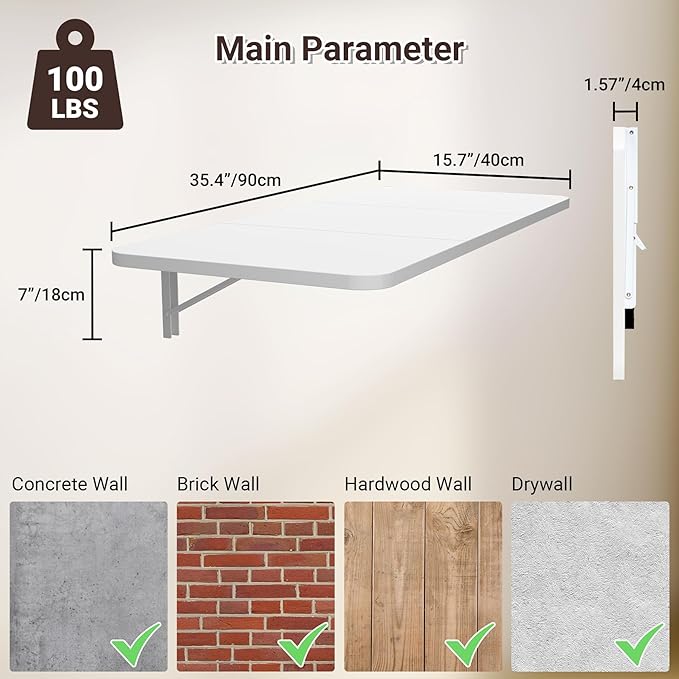 Wall Mounted Folding Desk 35.4” x 15.7”, Drop Down Table with Metal Collapsible Brackets, Folding Wall Table for Small Spaces, Home, Office, Kitchen, Laundry Room-White