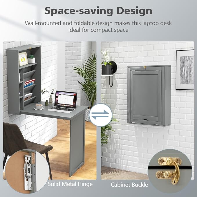Wall Mounted Desk, Fold Out Convertible Desk with Storage Shelves, Space Saving Wall Folding Table, Home Office Floating Desks for Small Spaces (Grey)