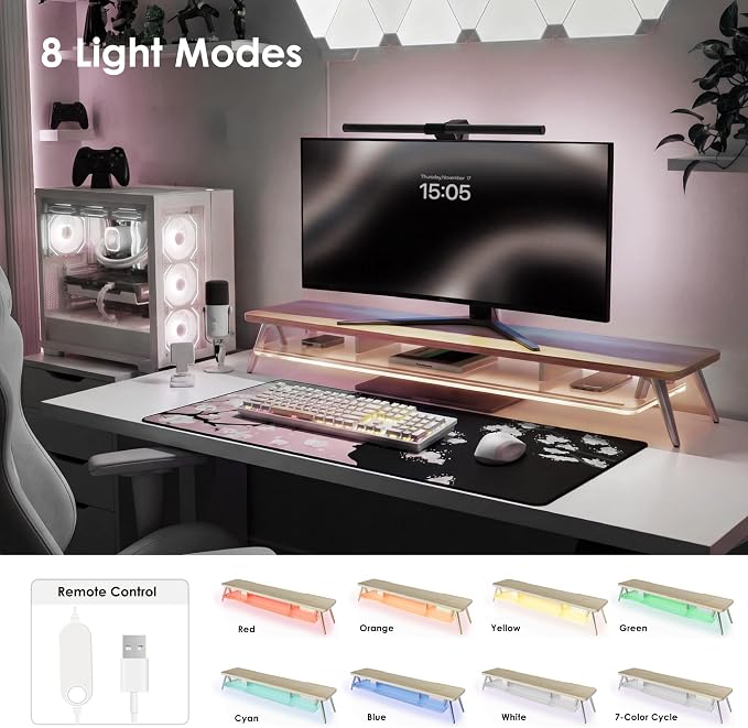 Fenge Dual Monitor Stand with 8-Mode LED Lights and Frosted Shelf, Oak | Sturdy Aluminum Legs, Built-In Phone & Tablet Slot, 2-Tier Storage, 42.5-Inch Desk Shelf for Gaming, Home Office & Streaming